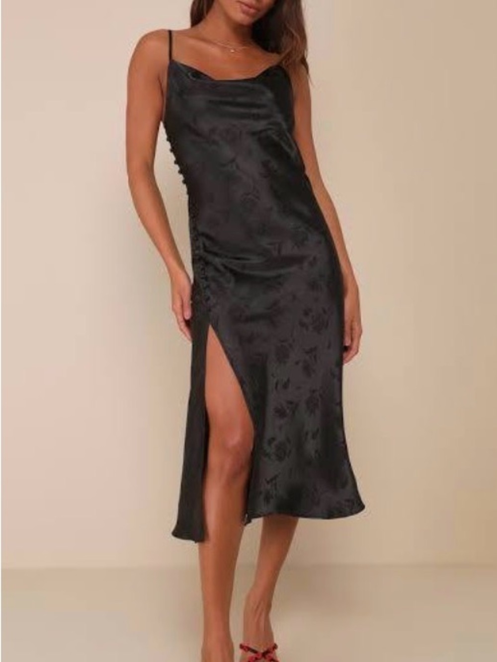 See You Monday Black Jacquard Slip Midi Dress